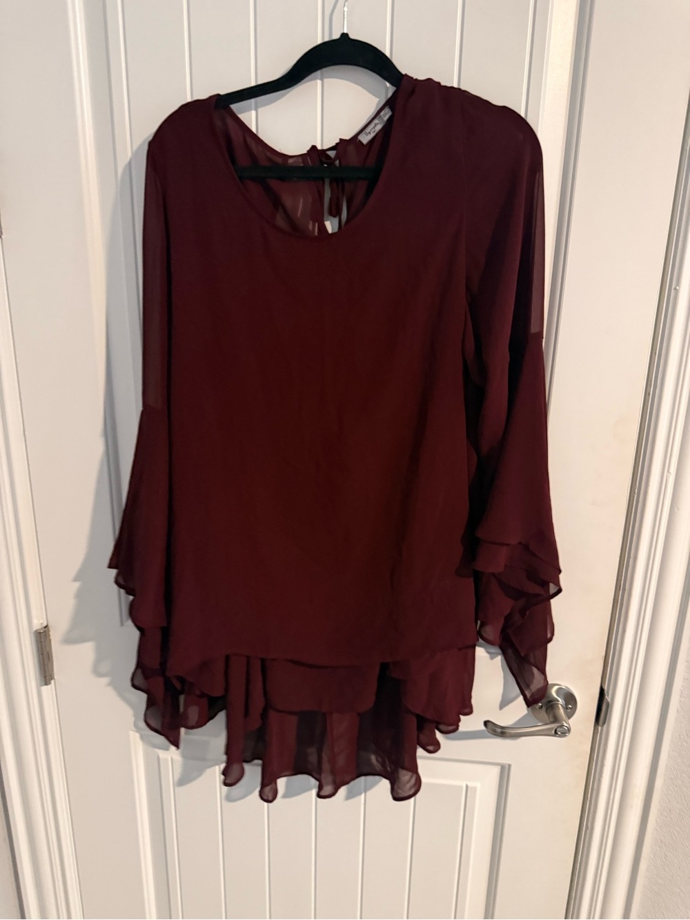 Symple NYC Burgundy Sheer Ruffle Bell Sleeve Blouse 1X